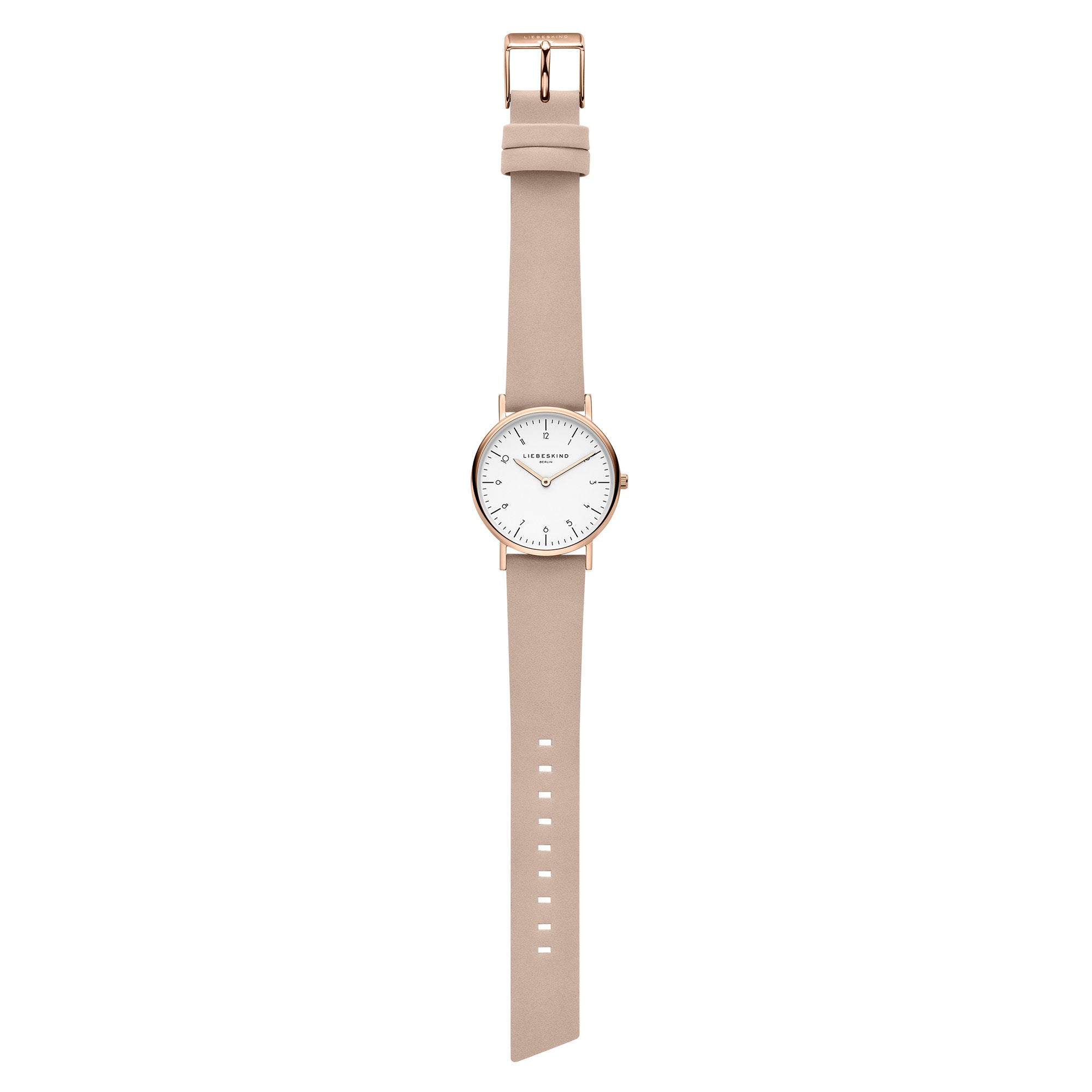 Liebeskind Berlin Armbanduhr im minimalistischen, skandinavischen Design mit roségoldenem Gehäuse und beigem Lederband; Produktbild