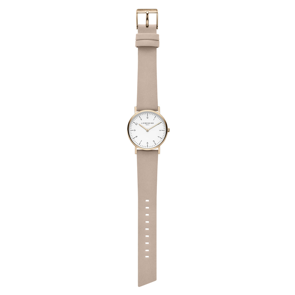 Liebeskind Berlin Armbanduhr im minimalistischen, skandinavischen Design mit roségoldenem Gehäuse und beigem Lederband; Zusatzbild