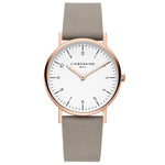 Liebeskind Berlin Armbanduhr im minimalistischen, skandinavischen Design mit roségoldenem Gehäuse und grauem Lederband; Produktbild