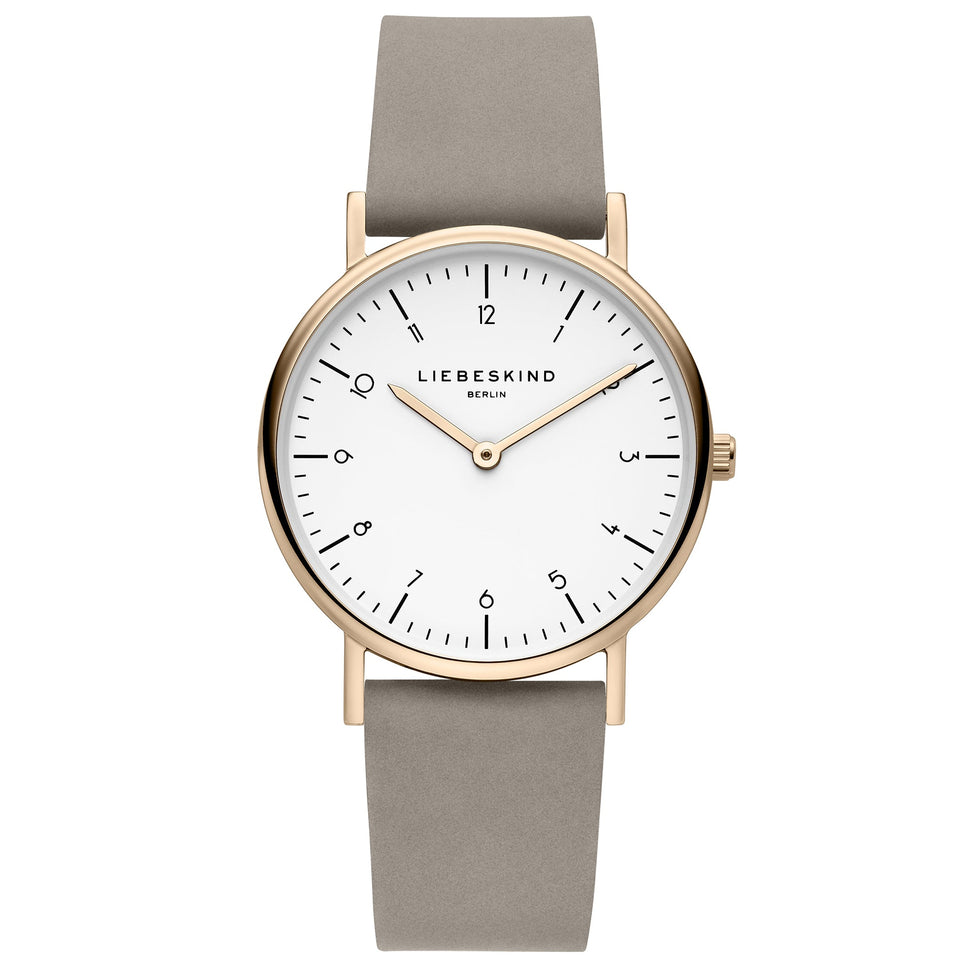 Liebeskind Berlin Armbanduhr im minimalistischen, skandinavischen Design mit roségoldenem Gehäuse und grauem Lederband; Zusatzbild