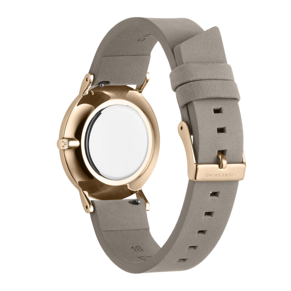 Liebeskind Berlin Armbanduhr im minimalistischen, skandinavischen Design mit roségoldenem Gehäuse und grauem Lederband; Rückansicht