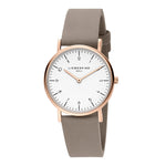 Liebeskind Berlin Armbanduhr im minimalistischen, skandinavischen Design mit roségoldenem Gehäuse und grauem Lederband; Produktbild