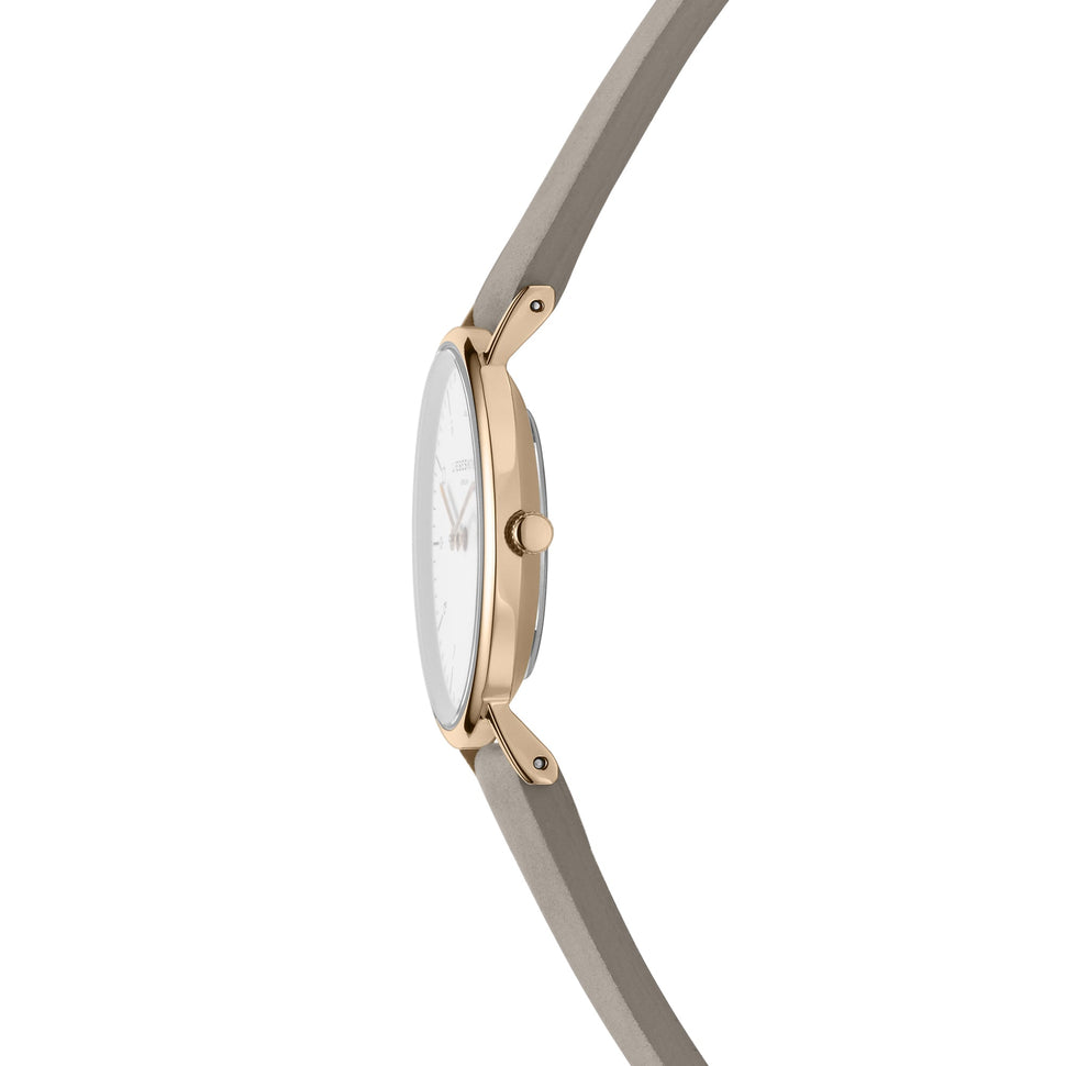 Liebeskind Berlin Armbanduhr im minimalistischen, skandinavischen Design mit roségoldenem Gehäuse und grauem Lederband; Seitenansicht