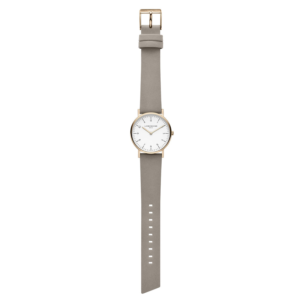 Liebeskind Berlin Armbanduhr im minimalistischen, skandinavischen Design mit roségoldenem Gehäuse und grauem Lederband; Zusatzbild