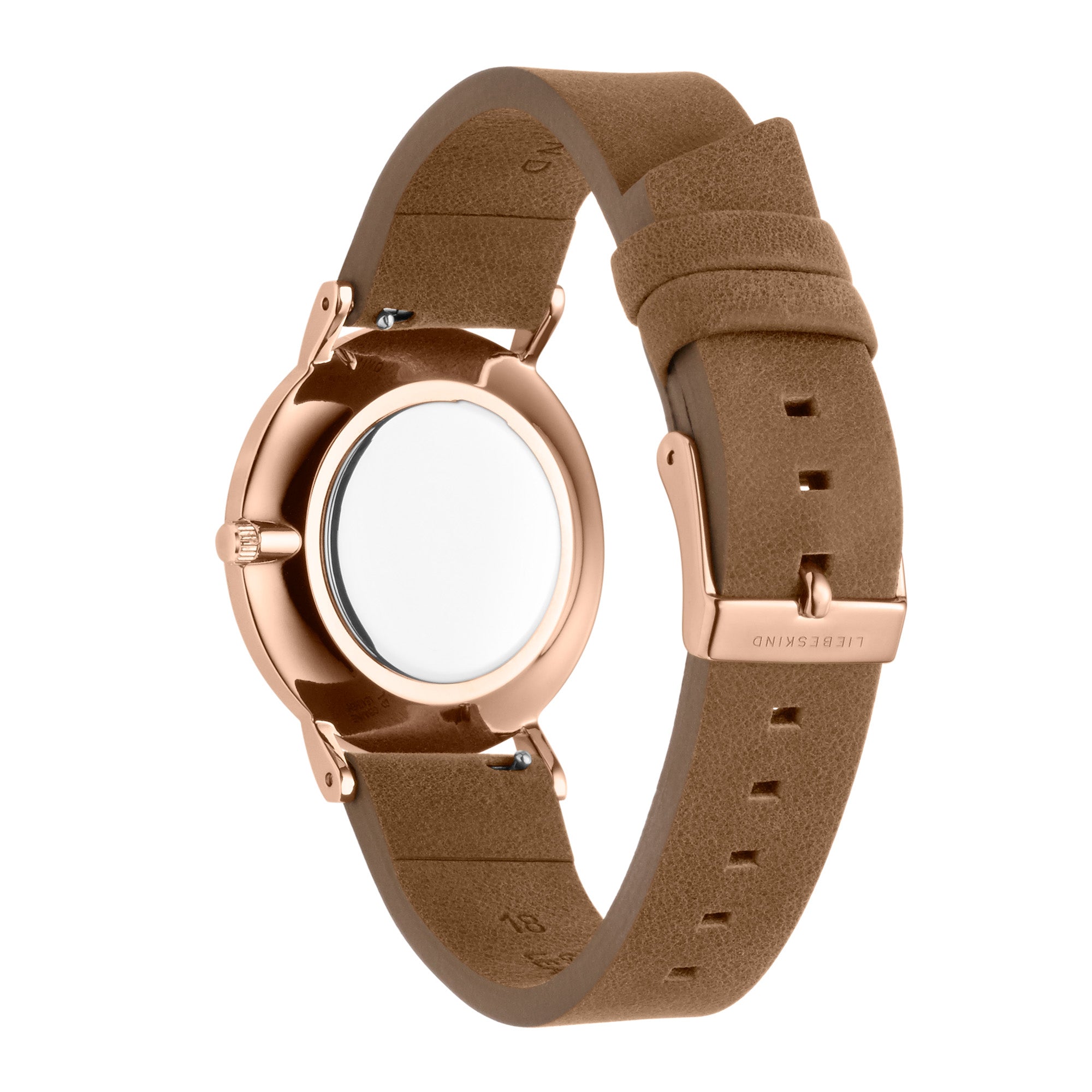 Liebeskind Berlin Armbanduhr im minimalistischen, skandinavischen Design mit roségoldenem Gehäuse und braunem Lederband; Rückansicht