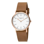 Liebeskind Berlin Armbanduhr im minimalistischen, skandinavischen Design mit roségoldenem Gehäuse und braunem Lederband; Zusatzbild