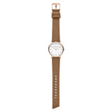 Liebeskind Berlin Armbanduhr im minimalistischen, skandinavischen Design mit roségoldenem Gehäuse und braunem Lederband; Produktbild