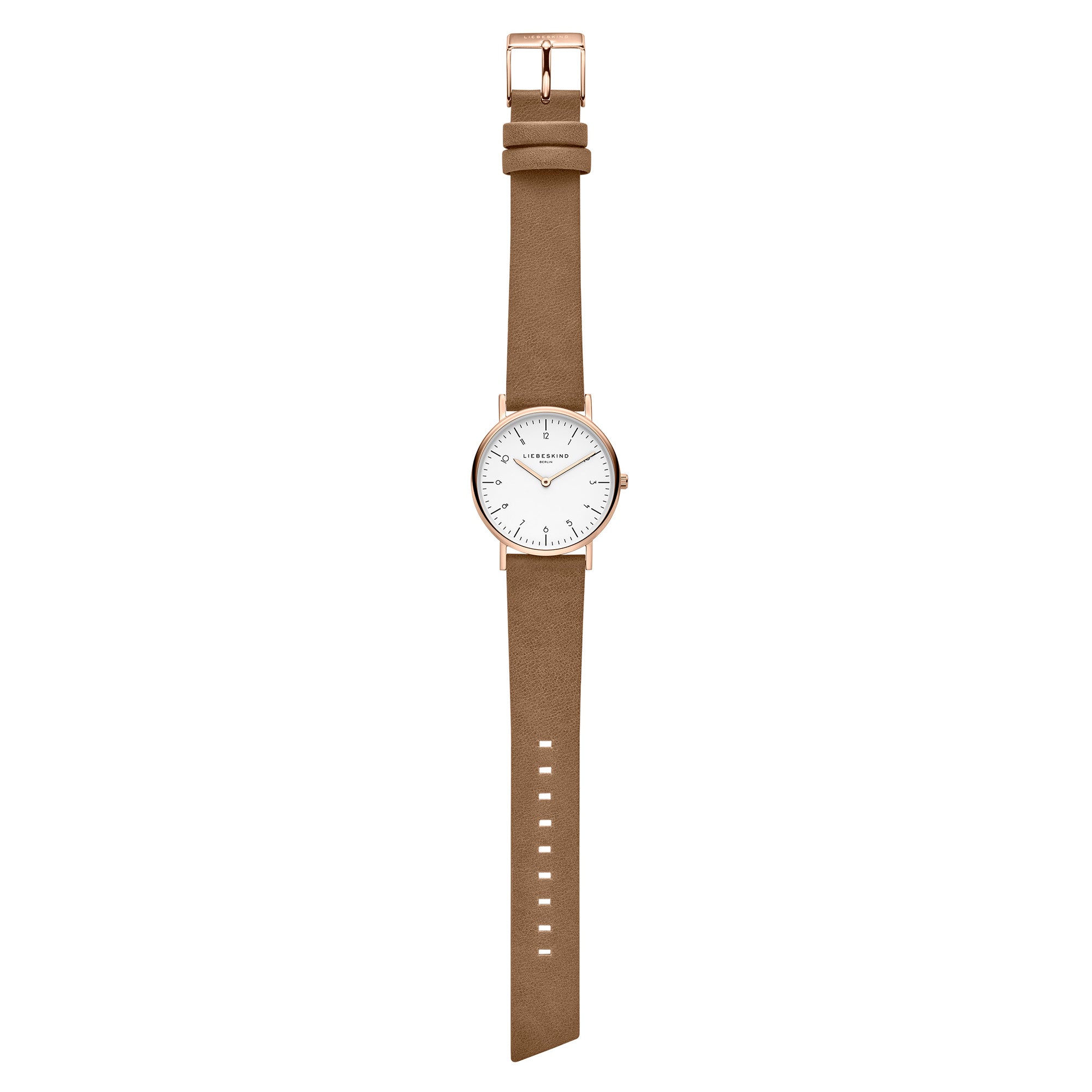 Liebeskind Berlin Armbanduhr im minimalistischen, skandinavischen Design mit roségoldenem Gehäuse und braunem Lederband; Produktbild