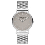 Liebeskind Berlin Armbanduhr im minimalistischen, skandinavischen Design mit grauem Zifferblatt, silbernem Gehäuse und silbernem Meshband; Produktbild
