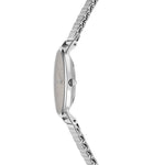 Liebeskind Berlin Armbanduhr im minimalistischen, skandinavischen Design mit grauem Zifferblatt, silbernem Gehäuse und silbernem Meshband; Seitenansicht