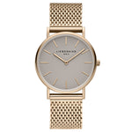 Liebeskind Berlin Armbanduhr im minimalistischen, skandinavischen Design mit grauem Zifferblatt, roségoldenem Gehäuse und roségoldenem Meshband; Produktbild