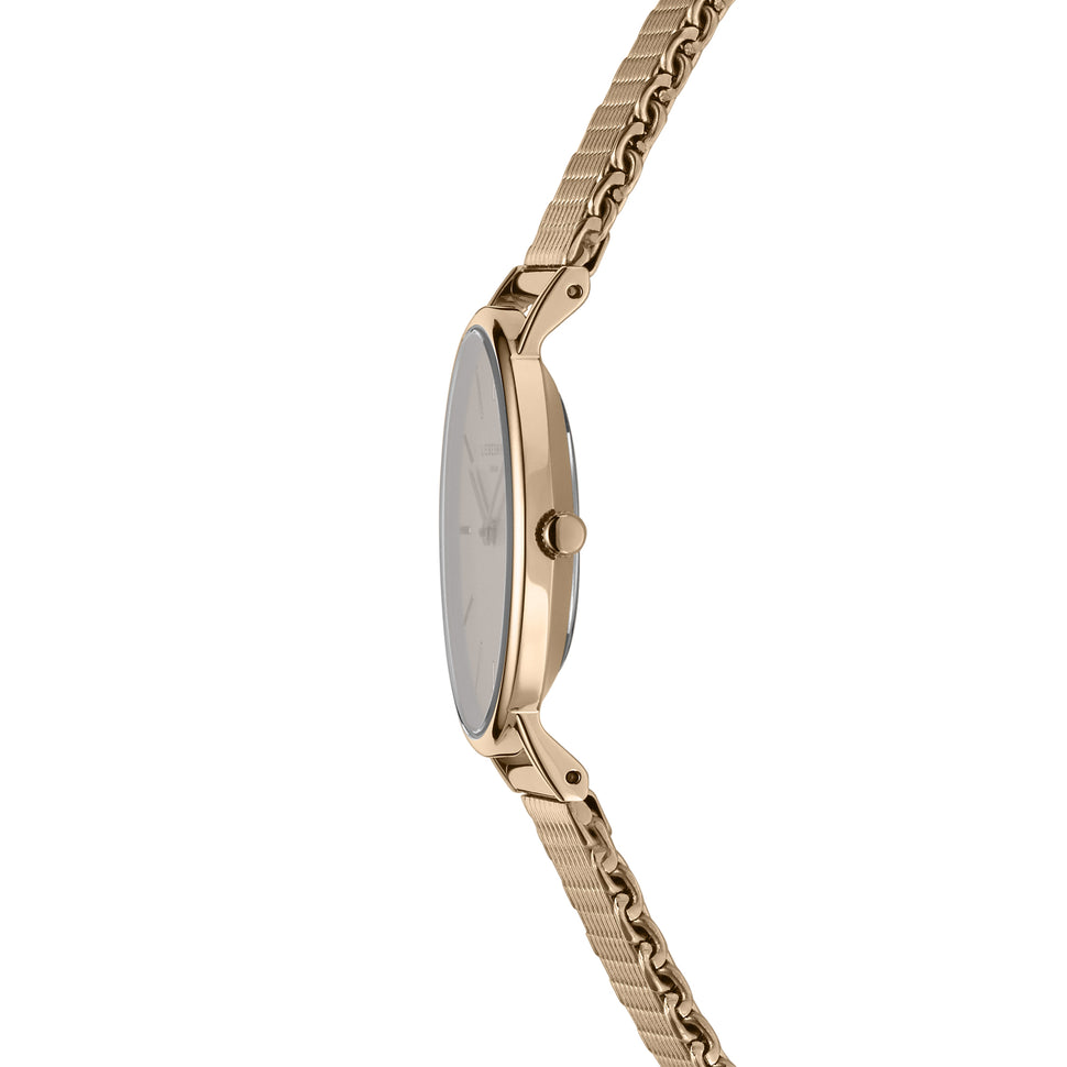 Liebeskind Berlin Armbanduhr im minimalistischen, skandinavischen Design mit grauem Zifferblatt, roségoldenem Gehäuse und roségoldenem Meshband; Seitenansicht