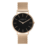 Liebeskind Berlin Armbanduhr mit schwarzem Zifferblatt, roségoldenen Indizes, roségoldenem Gehäuse und roségoldenem Meshband; Produktbild