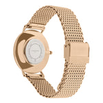 Liebeskind Berlin Armbanduhr mit schwarzem Zifferblatt, roségoldenen Indizes, roségoldenem Gehäuse und roségoldenem Meshband; Rückansicht