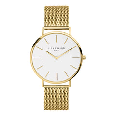Liebeskind Berlin Armbanduhr mit goldenen Indizes, goldenem Gehäuse und goldenem Meshband; Produktbild
