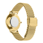 Liebeskind Berlin Armbanduhr mit goldenen Indizes, goldenem Gehäuse und goldenem Meshband; Rückansicht