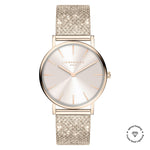 Die LIEBESKIND BERLIN Armbanduhr - Glitter-Special von Liebeskind Berlin ist mit ihrem glitzernden, strukturierten Armband und dem minimalistischen weiß-goldenen Zifferblatt eine elegante Wahl für jeden Anlass.