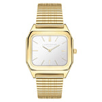 Das LIEBESKIND BERLIN Set - Golden Basic von Liebeskind Berlin ist eine elegante Damenuhr mit quadratischem Gehäuse, Metallarmband und schlichtem weißen Zifferblatt mit minimalistischen Stundenmarkierungen.