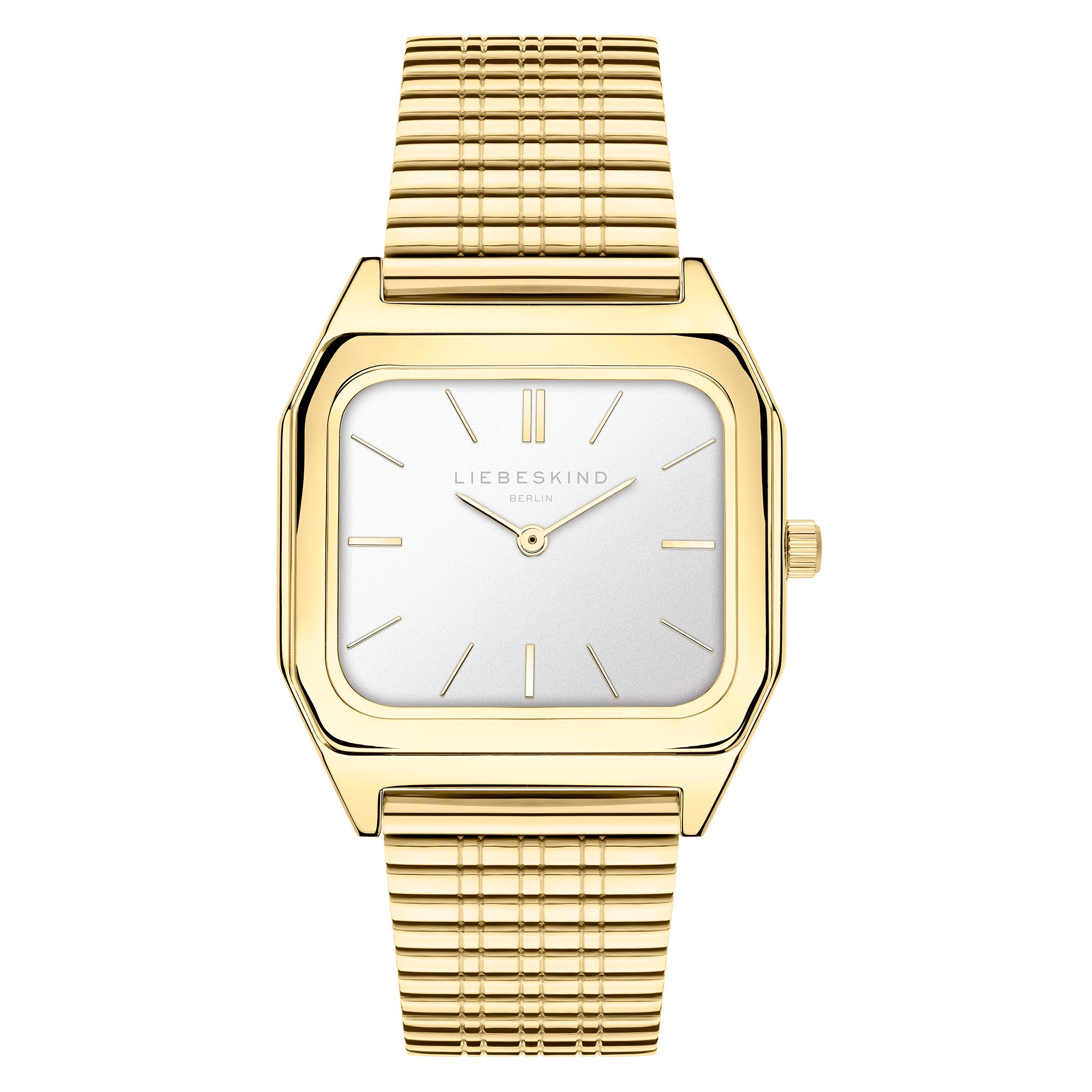 Das LIEBESKIND BERLIN Set - Golden Basic von Liebeskind Berlin ist eine elegante Damenuhr mit quadratischem Gehäuse, Metallarmband und schlichtem weißen Zifferblatt mit minimalistischen Stundenmarkierungen.
