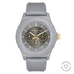 Liebeskind Berlin Armbanduhr mit grauem Zifferblatt mit goldenen Indizes und Akzenten, Multifunktionswerk, mattiertem, grauem Gehäuse und grauem Silikonband; Produktbild