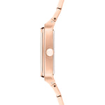 Liebeskind Berlin Armbanduhr mit rotem Zifferblatt, roségoldenem, quadratischem Gehäuse und roségoldenem Edelstahlband; Seitenansicht