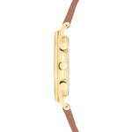 Liebeskind Berlin Armbanduhr mit Datums- und Tagesanzeige, 24-Stunden Anzeige, goldenem Gehäuse und braunem Lederband; Seitenansicht