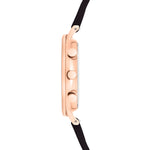 Liebeskind Berlin Armbanduhr mit schwarzem Zifferblatt mit Datums- und Tagesanzeige und 24-Stunden Anzeige, roségoldenem Gehäuse und schwarzem Lederband; Seitenansicht