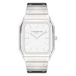 Elegante Damenuhr: Die LIEBESKIND BERLIN Armbanduhr - The Basic Staple mit silbernem rechteckigen Edelstahlgehäuse, weißem Zifferblatt, minimalistischen Markierungen und Metallgliederarmband von Liebeskind Berlin.