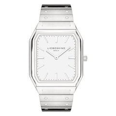 Elegante Damenuhr: Die LIEBESKIND BERLIN Armbanduhr - The Basic Staple mit silbernem rechteckigen Edelstahlgehäuse, weißem Zifferblatt, minimalistischen Markierungen und Metallgliederarmband von Liebeskind Berlin.