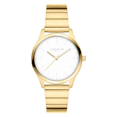 Goldene Damenuhr "The Round Staple" von Liebeskind Berlin mit weißem Zifferblatt und Gliederarmband - modernes Design, zeigt stilvoll 10:08 Uhr.