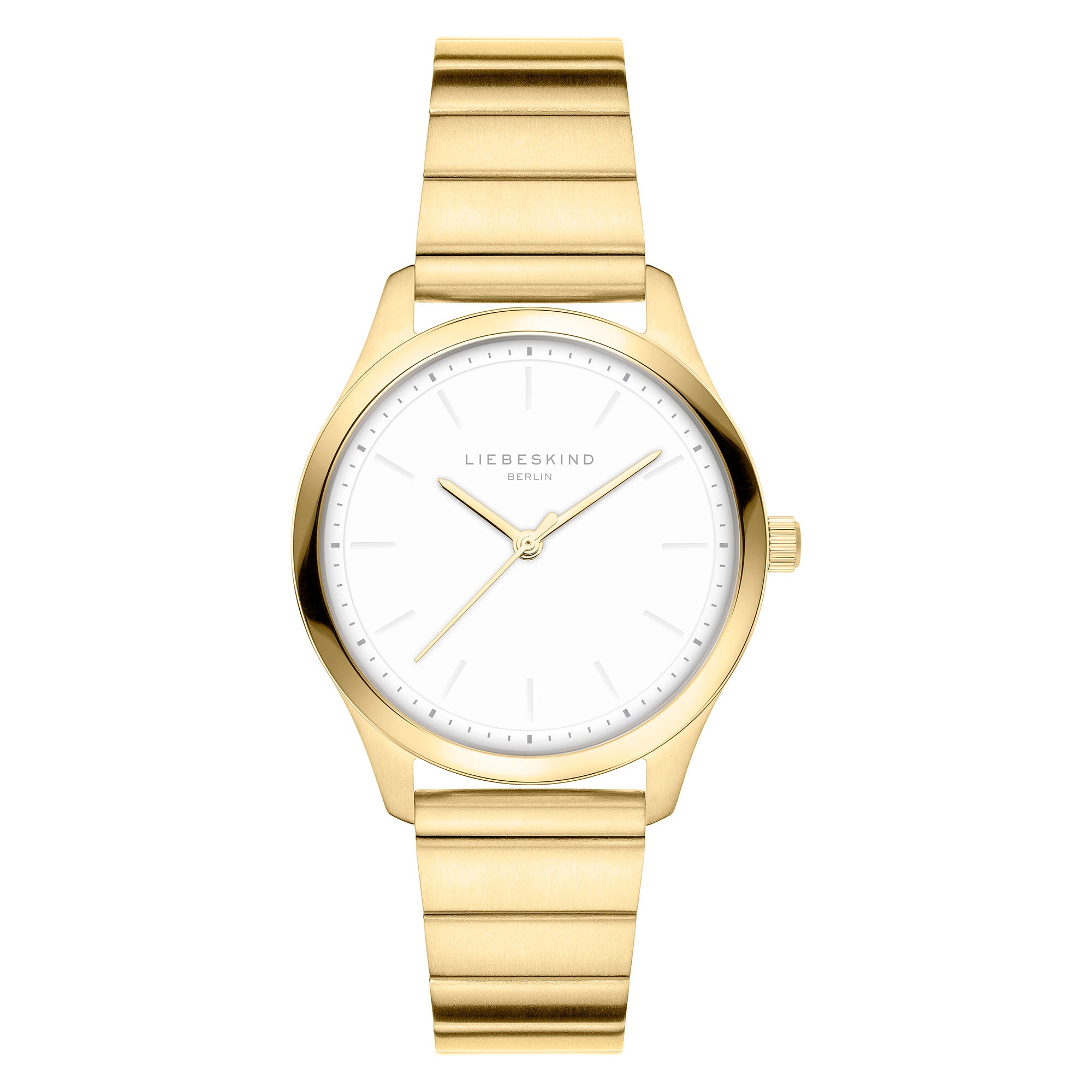 Goldene Damenuhr "The Round Staple" von Liebeskind Berlin mit weißem Zifferblatt und Gliederarmband - modernes Design, zeigt stilvoll 10:08 Uhr.