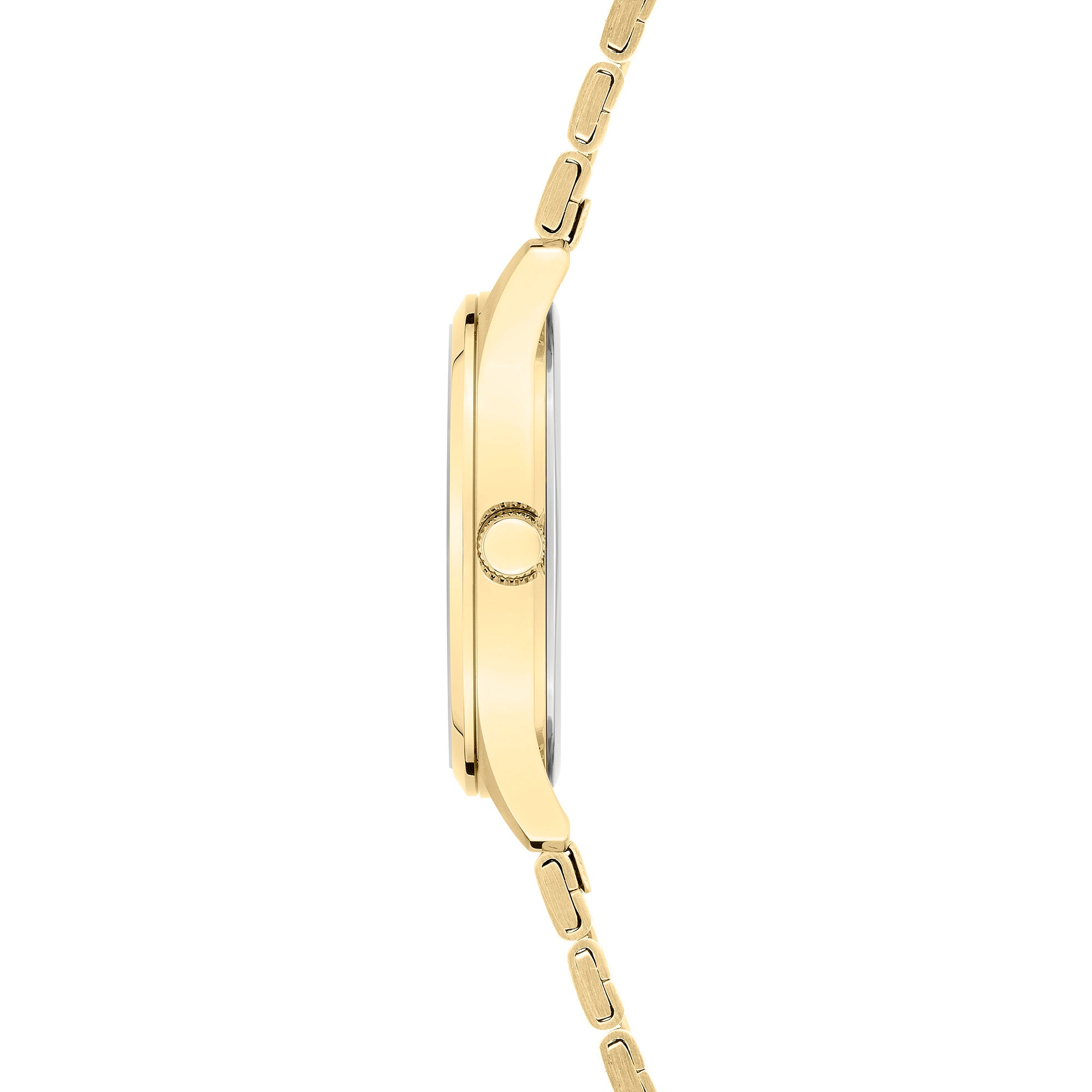 Seitenansicht der LIEBESKIND BERLIN Armbanduhr - The Round Staple von Liebeskind Berlin, die sich durch ein modernes Design mit einem schlanken Goldgehäuse und einem Metallgliederband auf weißem Hintergrund auszeichnet.