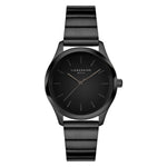 Schwarze LIEBESKIND BERLIN Damen-Armbanduhr mit schwarzem Zifferblatt und Edelstahlarmband in schräger Ansicht.