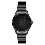 Schwarze LIEBESKIND BERLIN Damen-Armbanduhr mit schwarzem Zifferblatt und Edelstahlarmband in schräger Ansicht.