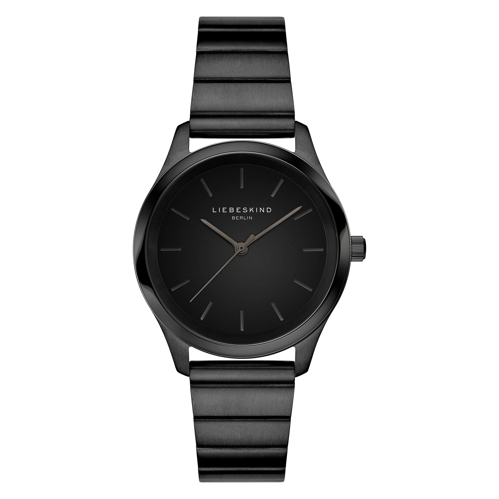 Schwarze LIEBESKIND BERLIN Damen-Armbanduhr mit schwarzem Zifferblatt und Edelstahlarmband in schräger Ansicht.