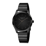 Schwarze LIEBESKIND BERLIN Damen-Armbanduhr mit rundem Gehäuse, schwarzem Zifferblatt und Edelstahlarmband.