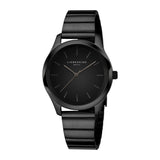 Schwarze LIEBESKIND BERLIN Damen-Armbanduhr mit rundem Gehäuse, schwarzem Zifferblatt und Edelstahlarmband.