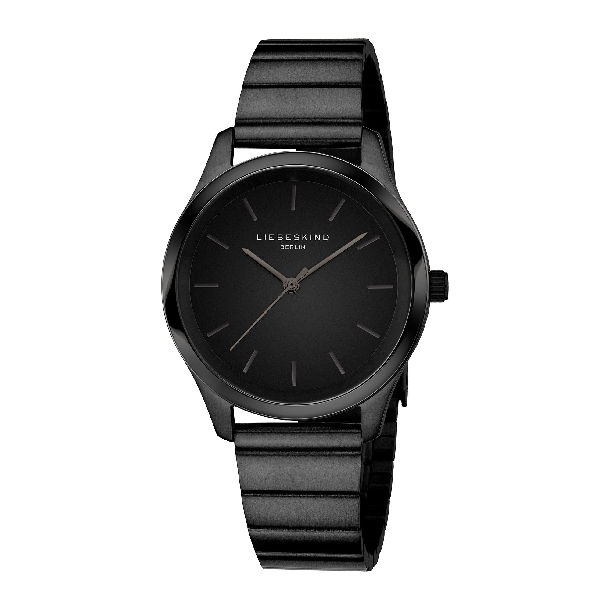 Schwarze LIEBESKIND BERLIN Damen-Armbanduhr mit rundem Gehäuse, schwarzem Zifferblatt und Edelstahlarmband.