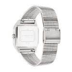 Rückansicht der LIEBESKIND BERLIN Armbanduhr - Vinyl Vision von Liebeskind Berlin, mit silbernem Edelstahlgehäuse, elegantem Metallgewebeband und Schließe.