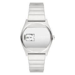 Die LIEBESKIND BERLIN Armbanduhr - Round Vinyl Vision von Liebeskind Berlin ist eine silberne Uhr im Stil der 70er Jahre mit einem verspiegelten Zifferblatt und einem einzigartigen, drehbaren digitalen Zeitanzeigefenster.