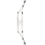 Seitenansicht der Liebeskind Berlin Round Vinyl Vision Armbanduhr mit Metallband, runder Krone und versiegeltem Zifferblatt für einen Hauch von 70er Jahre Stil.