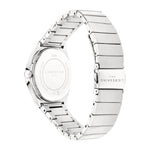 Rückansicht der LIEBESKIND BERLIN Armbanduhr - Round Vinyl Vision aus silbernem Edelstahl von Liebeskind Berlin, mit einer Schließe und einem gravierten Gehäuseboden im Stil der 70er Jahre.