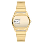 Die LIEBESKIND BERLIN Armbanduhr - Round Vinyl Vision hat ein goldenes Design, eine digitale Datums- und Zeitanzeige und das Liebeskind Berlin Branding auf dem verspiegelten Zifferblatt für einen modernen, stilvollen Look.