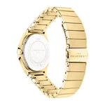 Rückansicht der LIEBESKIND BERLIN Armbanduhr - Round Vinyl Vision von Liebeskind Berlin, mit einem goldenen Edelstahlband, gravierten Details und einem auffälligen versiegelten Zifferblatt.