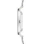 Seitenansicht der dünnen silbernen Liebeskind Berlin Armbanduhr - Keep Loving, mit einem Metallgliederband und einer runden Krone.