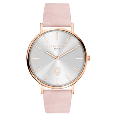 Die LIEBESKIND BERLIN Armbanduhr - Keep Loving von Liebeskind Berlin vereint ein silbernes Zifferblatt, minimale Markierungen und ein hellrosa Lederband für skandinavisches Design und zeitlose Eleganz in Roségold.