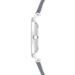 Seitenansicht der LIEBESKIND BERLIN Armbanduhr - The Modern Must-Have von Liebeskind Berlin mit schlankem, silbernem Gehäuse und grauem Echtlederarmband vor weißem Hintergrund.