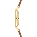 Seitenansicht der LIEBESKIND BERLIN Armbanduhr - The Modern Must-Have von Liebeskind Berlin, einer goldenen Damenuhr mit braunem Echtlederarmband, dargestellt auf weißem Hintergrund.