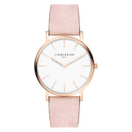Die LIEBESKIND BERLIN Armbanduhr - The Modern Must-Have von Liebeskind Berlin mit rosafarbenem Lederarmband, weißem Zifferblatt und Quarzwerk steht für minimalistische, skandinavisch inspirierte Eleganz.