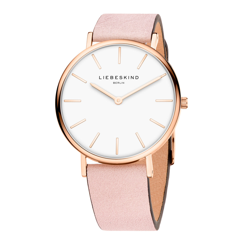 Liebeskind Berlin Armbanduhr mit roségoldenen Indizes, roségoldenem Gehäuse und rosa Echtlederband; Zusatzbild